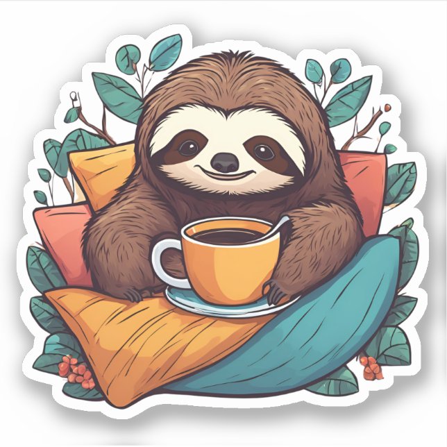 Pegatina Comfy Sloth con café impermeable (Anverso)