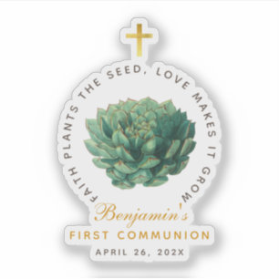 Pegatina Comunión Primera Suculenta Cruz de Oro Falso con L