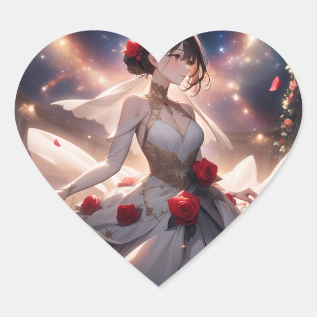 Pegatina con forma de corazón, novia y rosa rojo (Anverso)