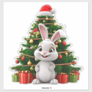 Pegatina Conejito lindo con sombrero de Navidad junto al ár