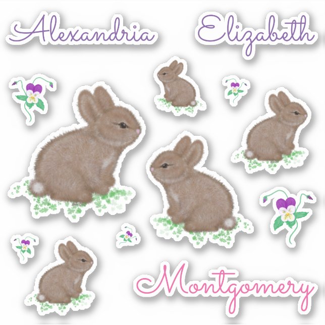 Pegatina Conejitos personalizados adorables y flores (Anverso)