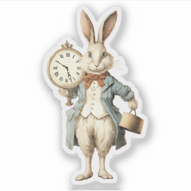 Pegatina Conejo Blanco Retro con Reloj de Bolsillo (Anverso)