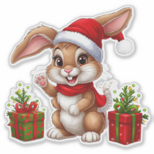 Pegatina Conejo de Navidad Adorable con Sombrero de Santa