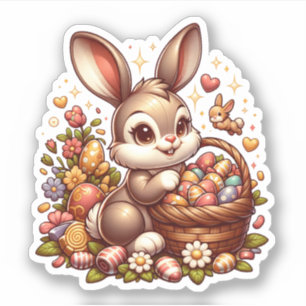 Pegatina Conejo de Pascua, cesta y huevos