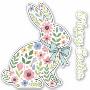 Pegatina Conejo de Pascua de flores silvestres rosadas y az