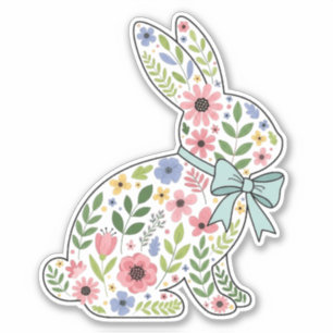 Pegatina Conejo de Pascua de flores silvestres rosas y azul