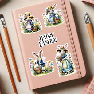 Pegatina Conejo de Pascua floral caprichoso de acuarela vin