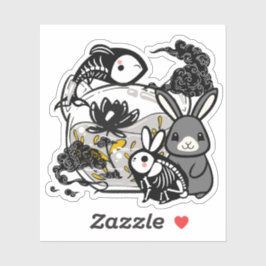 Pegatina Conejo esqueleto Kawaii y arte de pez Zen