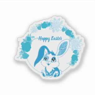 Pegatina Conejo Feliz de Pascua Kawaii Azul Adorable
