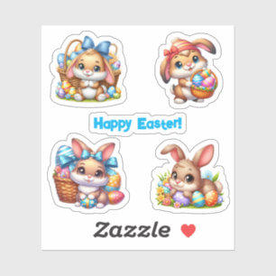 Pegatina Conejos de Pascua marrones con Huevos Coloridos