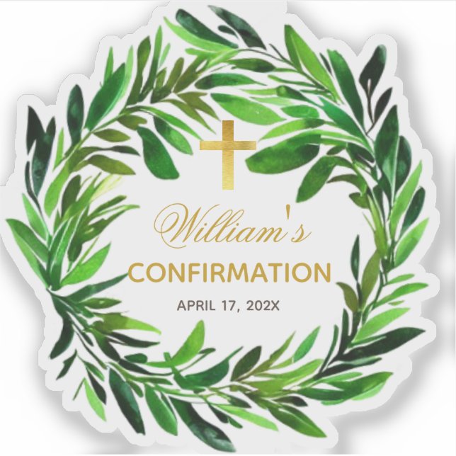 Pegatina Confirmación Greenery Wreath Faux Relieve metaliza (Anverso)