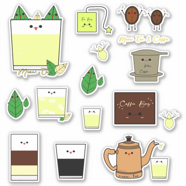 Pegatina Conjunto De 15 Café Y Té Vietnamitas Kawaii (Anverso)