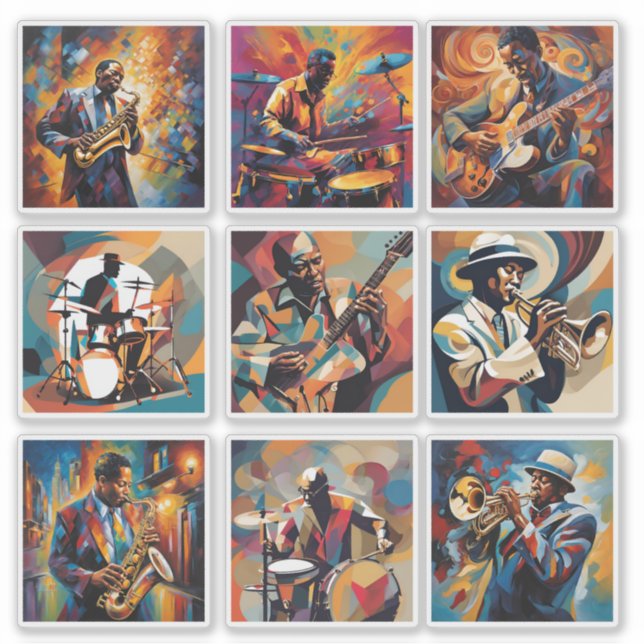 Pegatina Conjunto de 9 Stickers de Músicos de Jazz (Anverso)