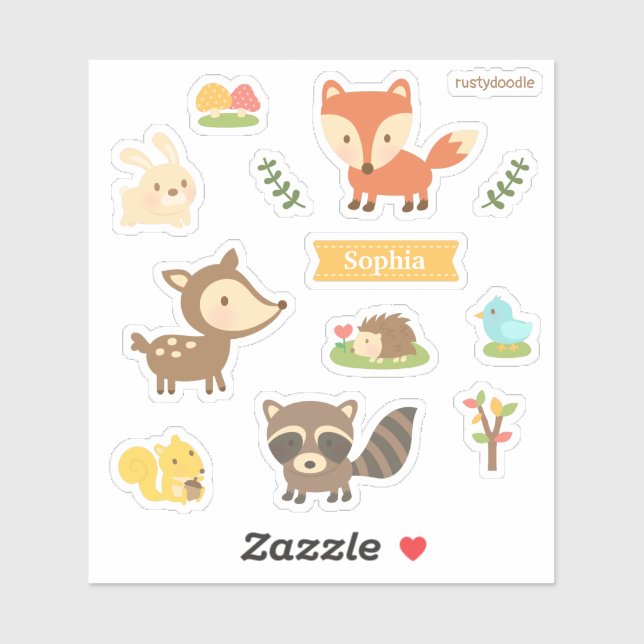 Pegatina Conjunto de adorables animales con tema de bosque  (Hoja)