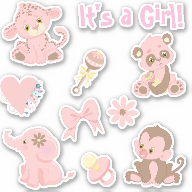 Pegatina Conjunto de animales rosados de Baby Shower chica (Anverso)