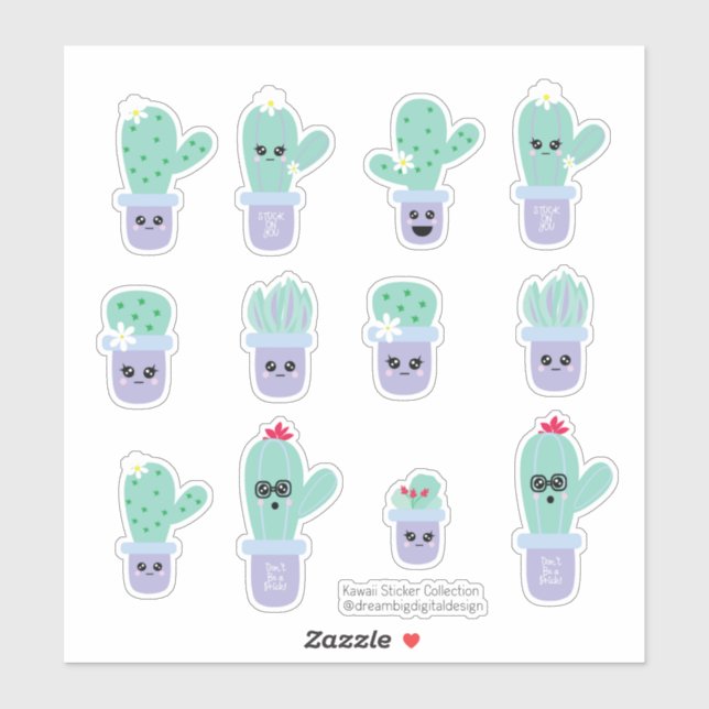 Pegatina Conjunto de cactus lindo en maceta morado verde (Hoja)