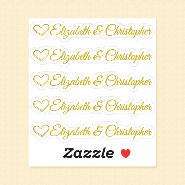Pegatina Conjunto de cinco firmas de corazón dorado persona (Five couple's signature labels each with charming golden heart, all on one sheet.)