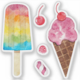 Pegatina Conjunto de helado de arcoíris acuarela cereza fru