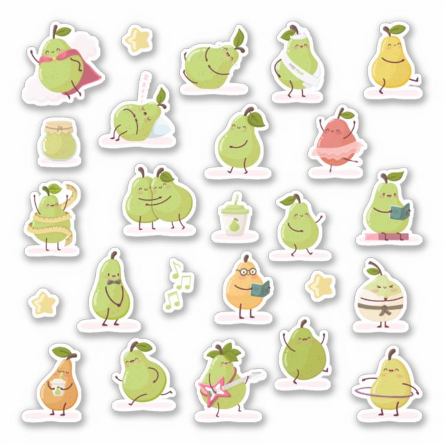 Pegatina Conjunto de peras kawaii divertidas (Anverso)