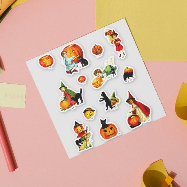 Pegatina Conjunto Vintage de Bruja Gato Calabaza Halloween (Subido por el creador)