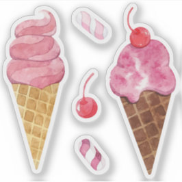 Pegatina Conos de helado de arcoíris acuarela cereza