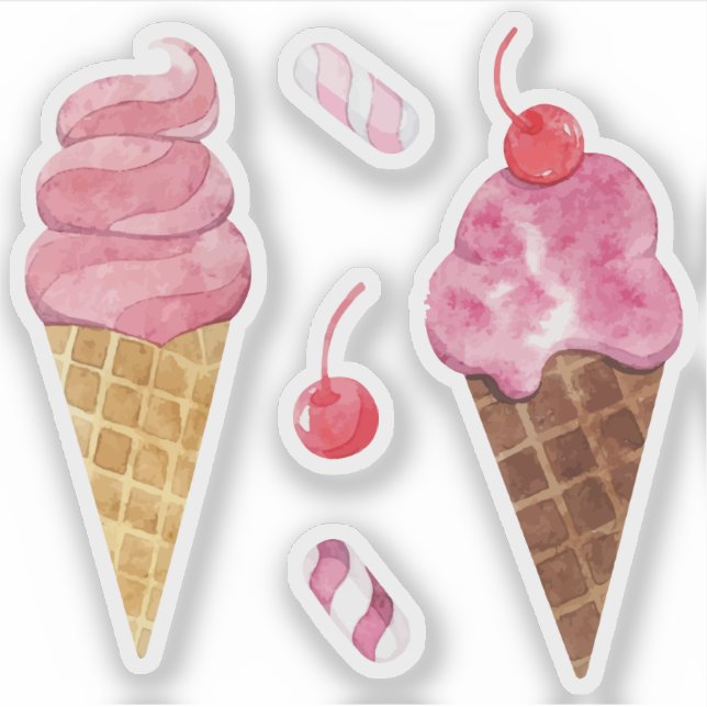 Pegatina Conos de helado de arcoíris acuarela cereza (Anverso)