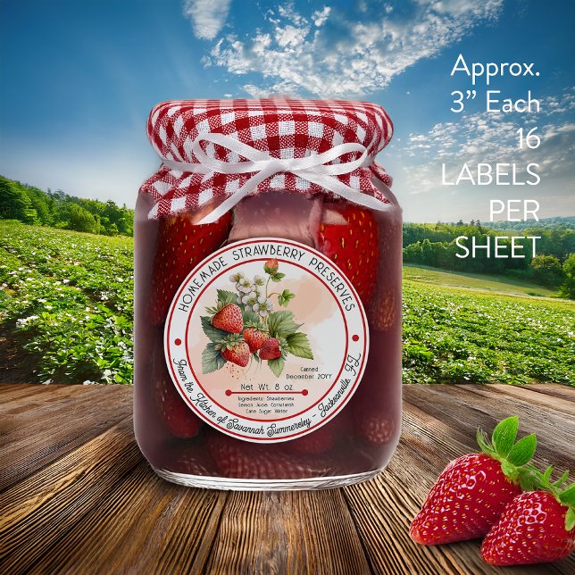 Pegatina Conservas Caseras De Fresa De 3 En 16 Hojas (Homemade Strawberry Preserves Canning Vinyl Canning Labels -- 16 Kiss Cut 3" Stickers Per Sheet)