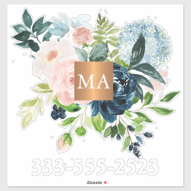 Pegatina Copper metálico floral de acuarela monogramado (Hoja)