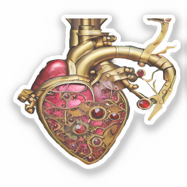 Pegatina Corazón de Steampunk Rubíes y Engranajes Anatómico (Anverso)