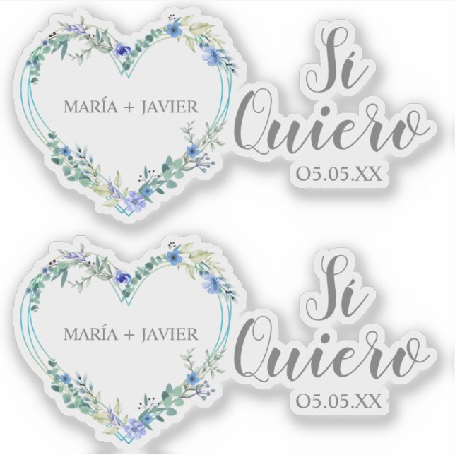Pegatina Corazón Flor Sí Quiero Español para Boda (Anverso)