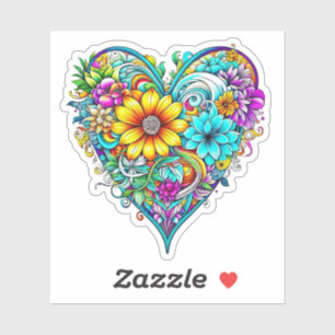 Pegatina Corazón floral morado Verde azulado de bonito   Dí