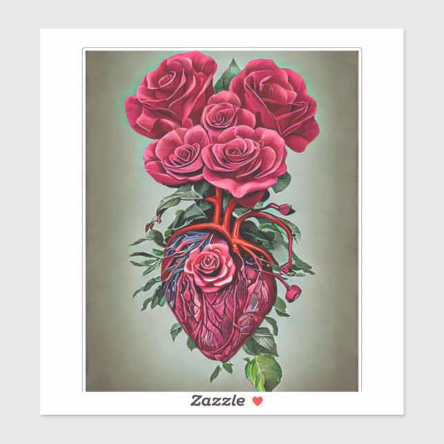 Pegatina Corazón humano con flores rojas rojas arte surreal (Hoja)