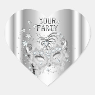 Pegatina Corazón MÁSCARA Blanco Plata Fiesta