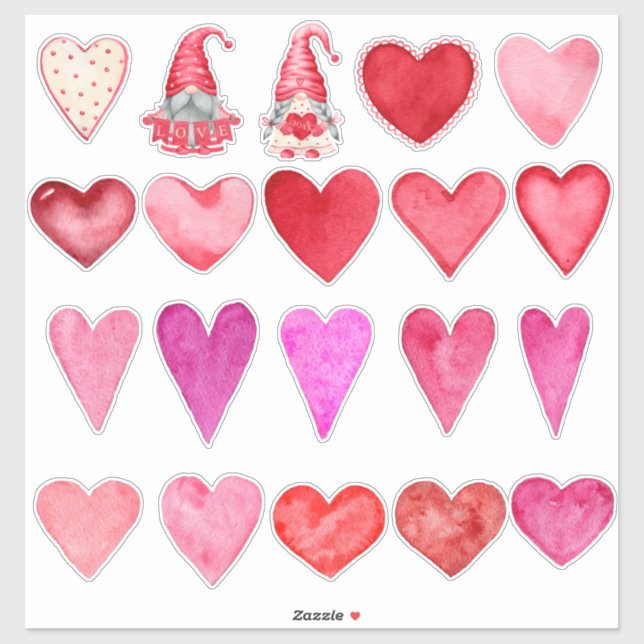 Pegatina Corazones acuarelas y dos gnomos (Hoja)