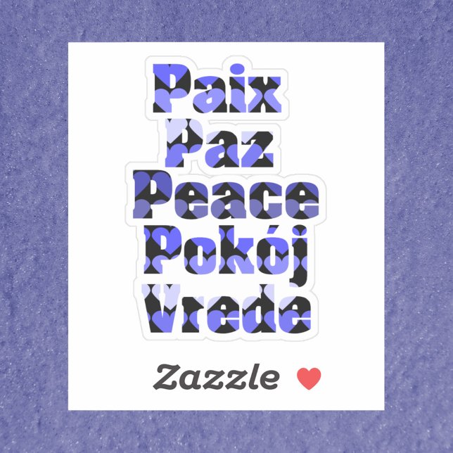 Pegatina Corazones Azules de la Paz en Muchos Idiomas (A sticker that says peace in French, Spanish, English, Polish and Swedish with blue hearts.)