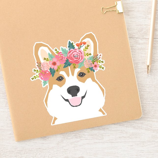 Pegatina Corgi Flor Crown vinilo (Cuaderno)