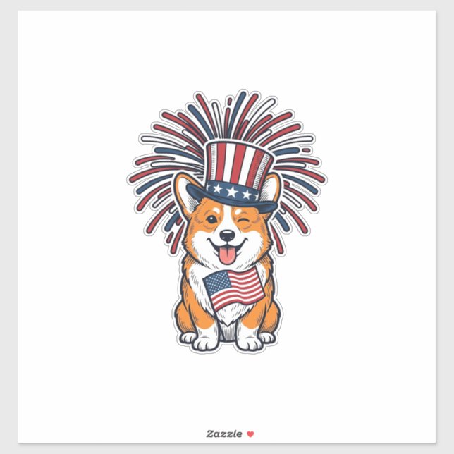 Pegatina Corgi Patriótico Fuegos Artificiales Diseño Vector (Hoja)