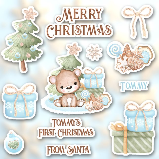 Pegatina Cortar besos de contorno de oso de nombre navideño (Cute First Christmas Name Bear Contour Kiss Cut Sticker)