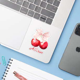Pegatina Corte de lazo rosa Coquette de cereza personalizad