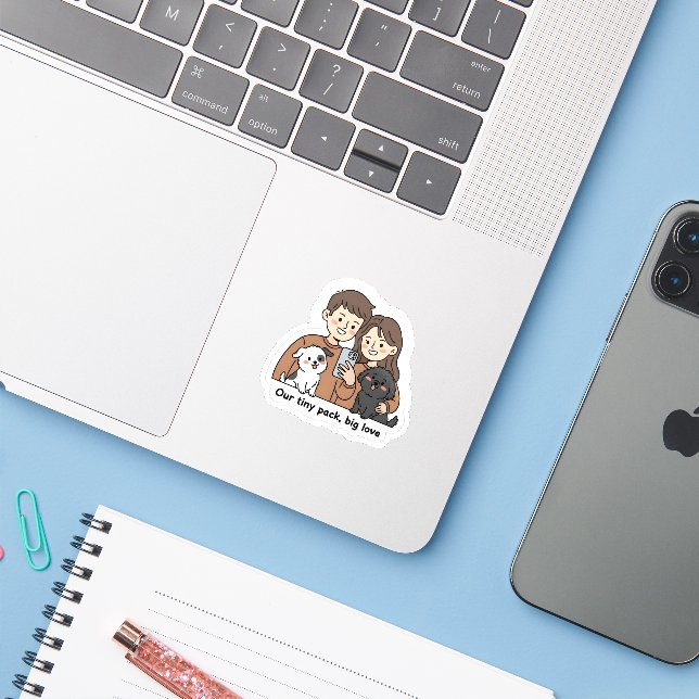 Pegatina Couple with Pets – Our Tiny Pack Big Love  (Ordenado portátil con iPhone)