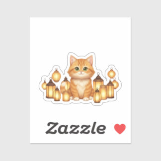 Pegatina Cozy Cat with Glowing Lanterns New Year