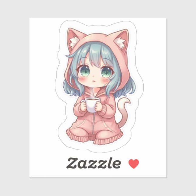 Pegatina Cozy Kawaii Anime Girl with Cat Hoodie – Hot Drink (Hoja)