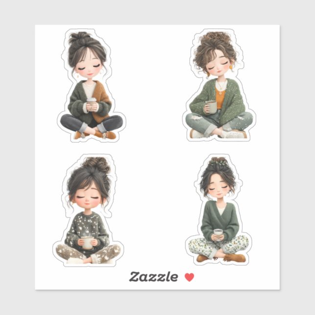 Pegatina Cozy Sitting Chibi Girl Coffee Sticker Sheet (Hoja)