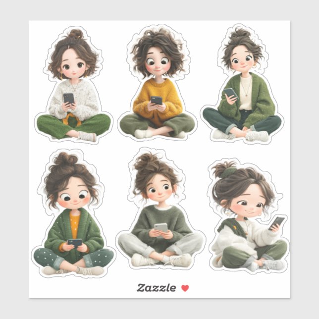 Pegatina Cozy Sitting Chibi Girl Sticker Sheet  (Hoja)