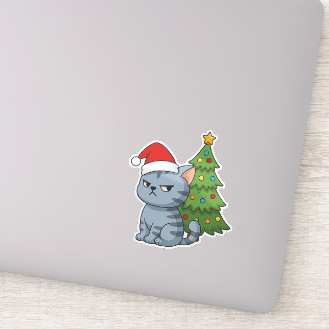 Pegatina Cranky Grey Tabby Cat Red Hat Christmas Tree (Detalle)