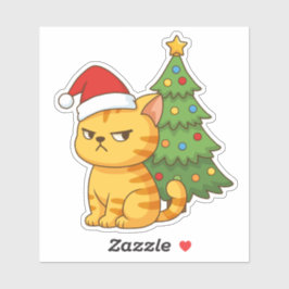 Pegatina Cranky Orange Tabby Cat Red Hat Christmas Tree