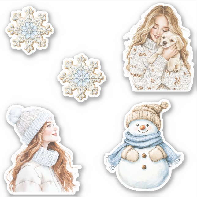 Pegatina Cream Snowflakes Blue Christmas Girl Snowman Dog (Anverso)