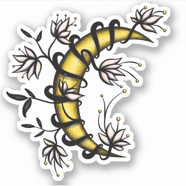 Pegatina Crescent Moon Envuelto En Flores Estilo Tatuto (Anverso)