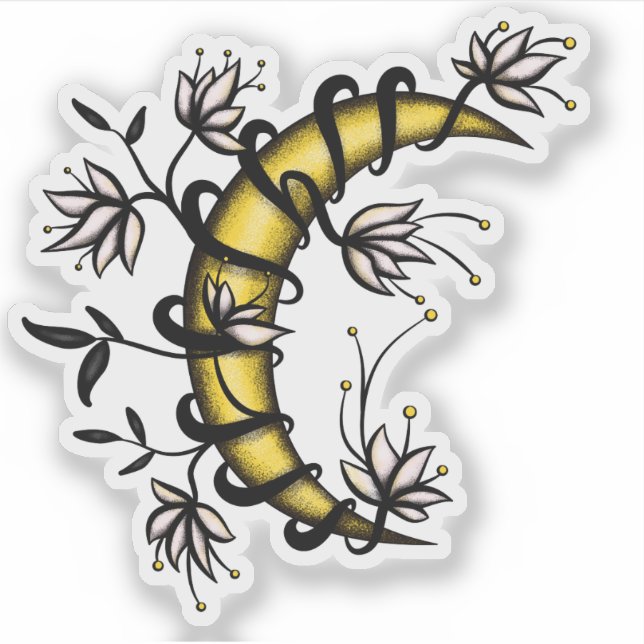 Pegatina Crescent Moon Envuelto En Flores Estilo Tatuto (Anverso)