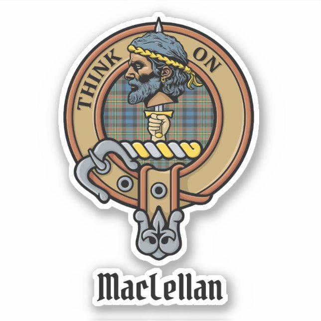 Pegatina Crest de Clan MacLellan sobre antiguo tartán (Anverso)